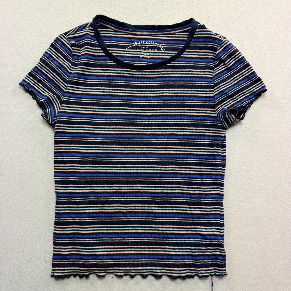 Aeropostale Shrunken Tee Womens Large Blue Striped Excellent Lettuce Edge Ribbed